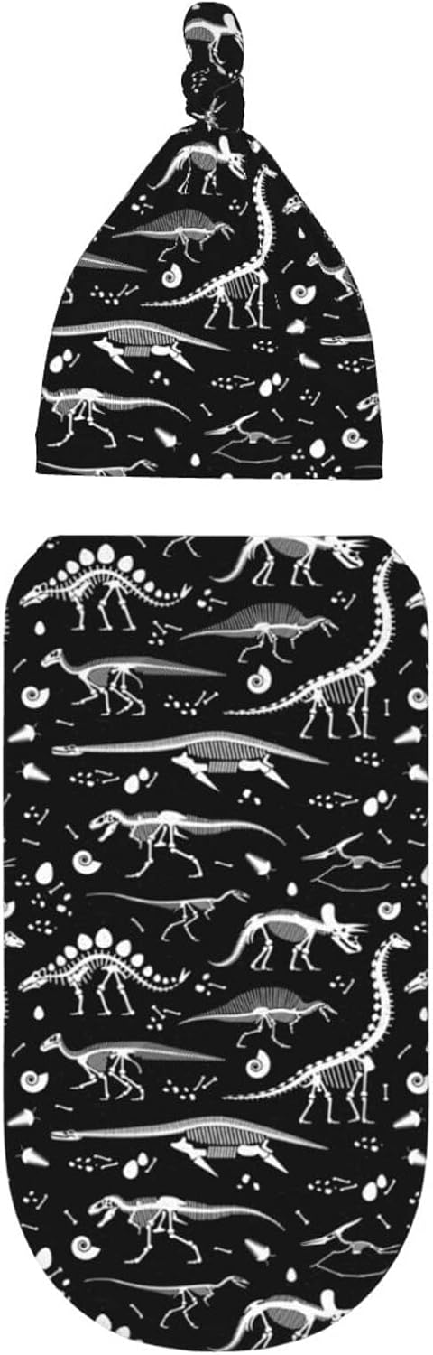 Baby Newborn Swaddle Blanket with Beanie Hat- Black and White Dinosaur Skeleton Pattern Receiving Blanket Sleep Sack for Girls Boys Infant Gifts...