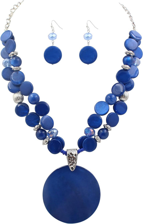 Layered Beads Statement Fashion Necklace Chunky Jewelry Set Big Colorful Glass Stone Circle Shell Pendant Choker Necklace and Earring Set for Wome...