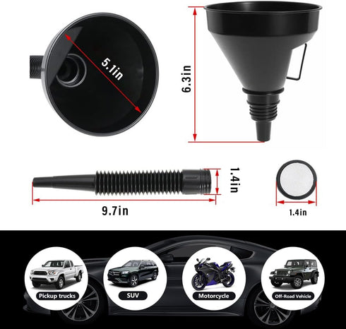Wide Mouth Oil Funnel with Flexible Extension, Auto Nozzle Hose Funnel with Handle Removable Mesh Screen Filter, Funnel for Water Gas Coolant Tran...
