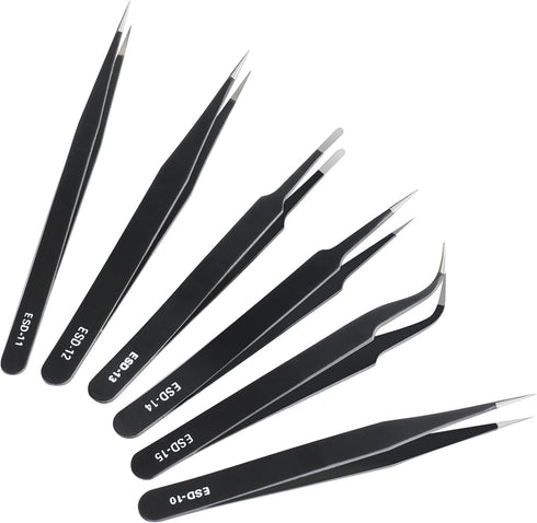 6 Pcs Precision Tweezers Set, Premium Non-Magnetic Stainless Steel Tweezer, ESD Curved of Tweezers for Electronics, Craft, Laboratory Work, Jewelr...