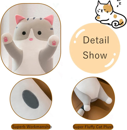 Lonng Gray Cat Plush Pillow Toy Sleeping Pillow Cute Cartoon Cat Stuffed Animals Soft Long Body Pillow Gift for Kids(19.68in)...