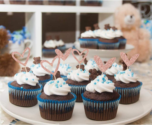24 PCS Rose Gold Glitter Heart Cupcake Toppers Cute Design Love Cupcake Toppers for Wedding Bridal Anniversary Baby Shower Party Decorations Suppl...