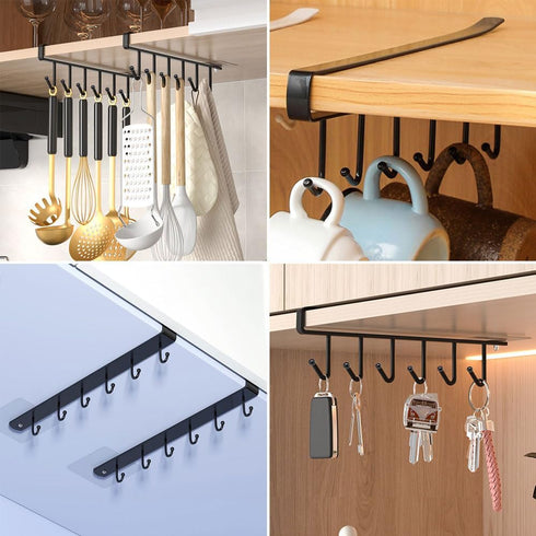 2 Pack Storage Mug Hooks Rack Under Cabinet Each with Fixed Sticker, 6 Hooks Cup Holder Hanger, Ties Belts Scarf Hanging Hook Rack, Mug Hook Hange...