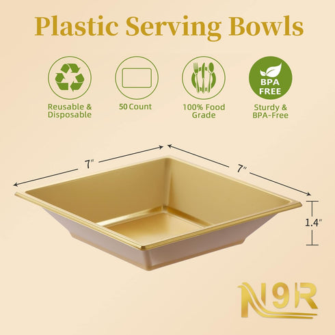 N9R 50 Count Gold Square Plastic Serving Bowls, 12 Oz Disposable Square Bowls for Candy Snake, Salad Bowl Perfect for Party Wedding Birthday...