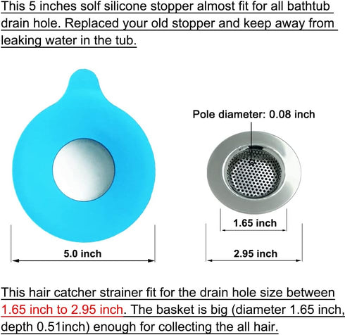 2PCS Bathtub Stopper Hair Catcher Kit, Bathtub Drain Strainer, Tub Stopper Plug Cover, Sink Filter, Silicone Drain Stopper for Bathroom, Laundry (...