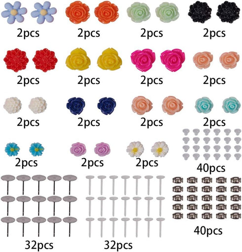 SUNNYCLUE 1 Box DIY 16 Pairs Flower Cabochons Resin Rose Flatbacks Valentine's Day Earrings Making Kit Rose Beads Love Valentine Flower 3D Flat Ba...