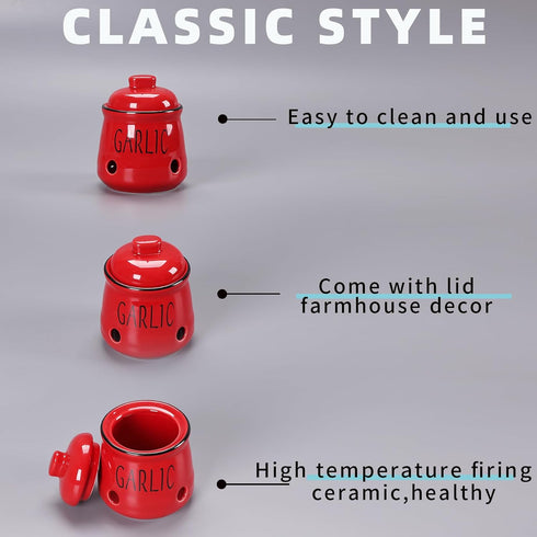 HAOTOP Garlic Keeper with Lid, Ceramic Mini Garlic Container Saver for Countertop, Keep Your Garlic Cloves Fresh, Red...