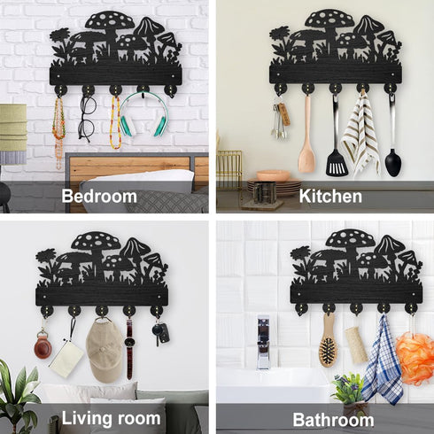 Mushroom Wall Mounted Coat Rack Wildflower Meadow Wood Key Hooks for Wall 11.8×7.9inch Black Key Holder Hanger Wall Art Decor with 5 Alloy Hooks f...