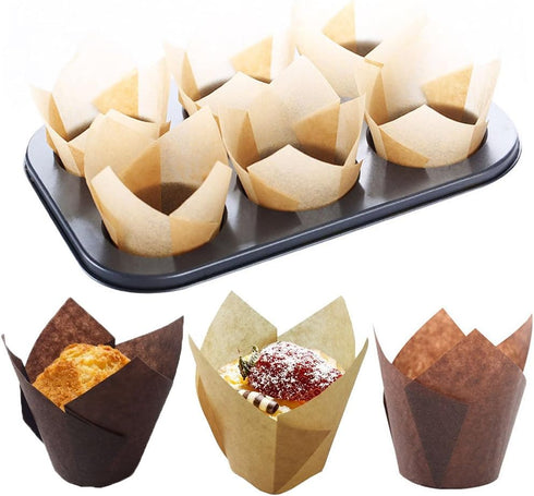 200 Pcs Brown Tulip Muffin Baking Cupcake Liners, Greaseproof, Heat-resistant, Disposable, Ideal for Weddings, Anniversaries, Birthdays...