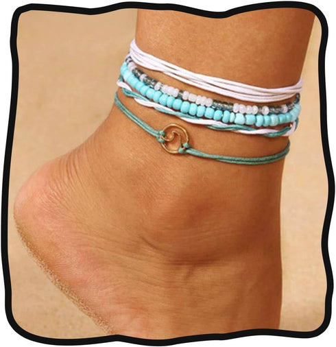 Boho Layered Turquoise Anklets Blue Ankle Bracelets Wax Rope Beach Foot Jewelry for Women...
