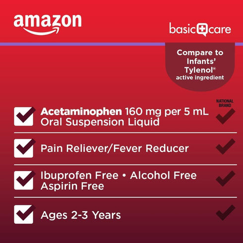 Amazon Basic Care Infants' Pain & Fever, Acetaminophen 160 mg per 5 mL, Suspension Liquid, Dye-Free Grape Flavor, 2 fl oz (Pack of 1)...