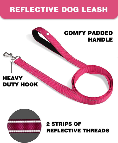 6ft Dog Leash for Small Medium Large Dogs | One-Sided Reflective Nylon | Padded Handle | 1 inch Wide | Hot Pink...