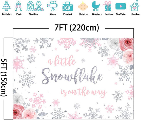Mocsicka Snowflake Baby Shower Backdrop - Winter Wonderland Photography Background - Pink & Silver Snowflakes - 7x5ft (82x60 inch)...