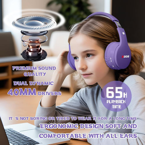 Kids Headphones Bluetooth 5.3 Wireless 60H Play Time Volume Limit 85/110dB Over Ear Foldable Protection Headset/Wired AUX Cord Mic for Boy Girl Tr...