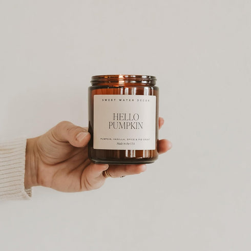 Sweet Water Decor Hello Pumpkin Soy Candle | Pumpkin, Warm Spices, Vanilla, and Whipped Cream Fall Scented Candles for Home | 9oz Amber Jar with B...