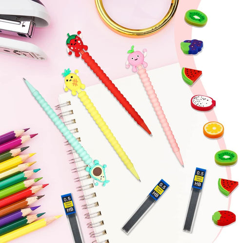 24PCS Cute Mechanical Pencil Set, 8PCS Pastel Mechanical Pencil 0.5mm with 8PCS Fruit Erasers and 8PCS Pencil Refills, Colorful Mechanical Pencils...