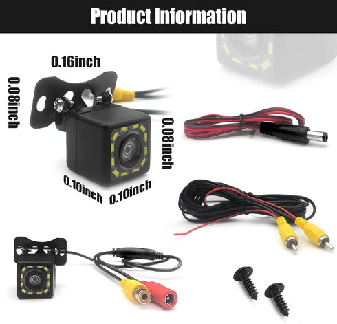 Car Backup Camera, Waterproof Ultra HD 12 LED Night Vision Rear View Camera, 170° Wide View Angle Long License Plate Frame Camera, Universal Cars,...