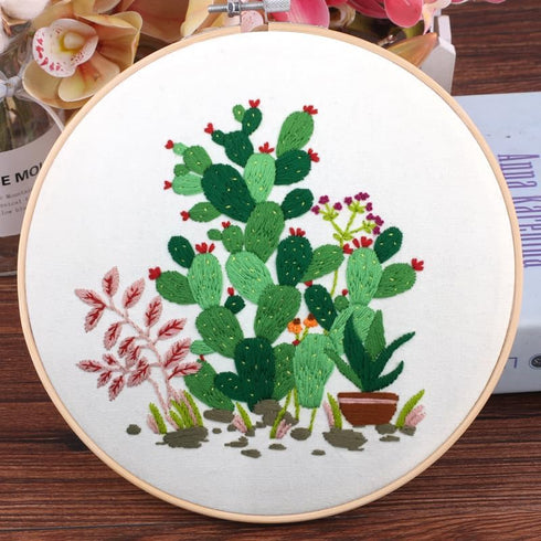 Embroidery Starter Kits with Cactus Pattern and Instructions, Plastic Embroidery Hoops,Threader,Color Threads and Needles,Embroidery Kit for Begin...