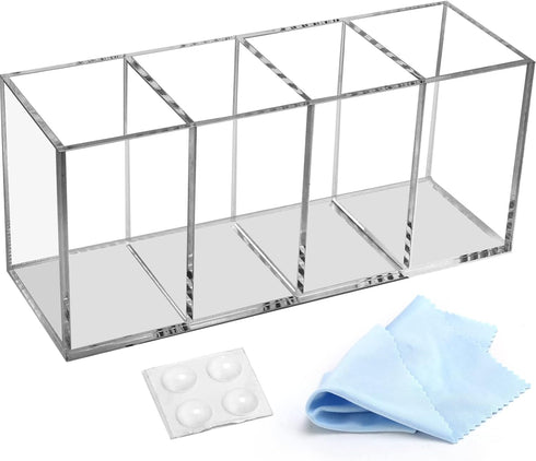 Acrylic Pen Holder 4 Compartments, Clear Acrylic Pencil Holders for Desk, Makeup Brush Holder Cup Organizer, Pen Holder Stationery Storage Desktop...