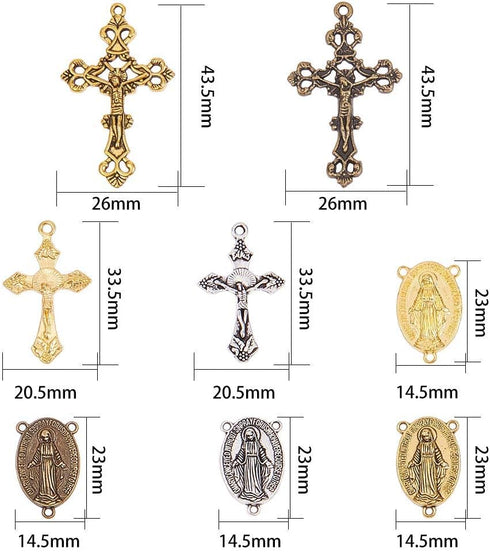 SUNNYCLUE Tibetan Style Rosary Cross Charms and Center Miraculous Medal Easter Vintage Cross Crucifix Pendants Oval Chandelier Links Bronze Connec...