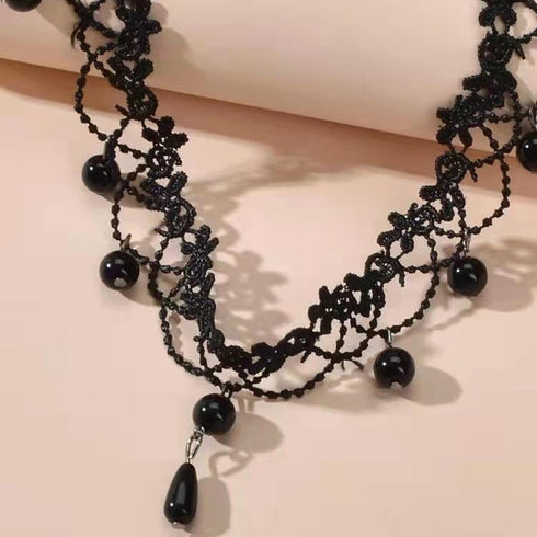 Boho Pearl Lace Necklace Black Lace Choker Necklaces Vintage Pearl Pendent Necklace Lace Flower Collar Neckalce Chain Jewelry for Women and Girls...