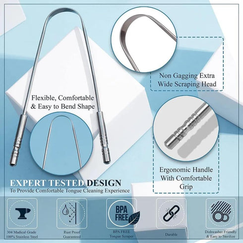 Tongue Scraper for Fresh Breath and Oral Health - Stainless Steel Cleaner for Effective Tongue Cleaning...