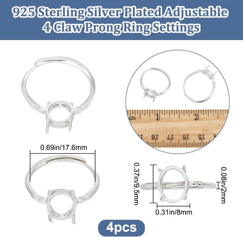 Beebeecraft 1 Box 4Pcs Prong Ring Blanks 925 Sterling Silver Plated Adjustable 4 Claw Prong Pad Ring Settings Finger Ring Components for Jewellery...