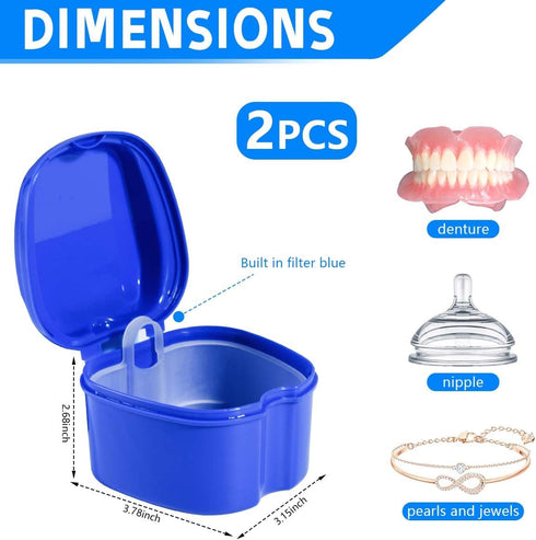 2 Pack Colors Denture Bath Case Cup Box Holder Storage Soak Container with Strainer Basket for Travel Cleaning (Light Blue and Blue)...
