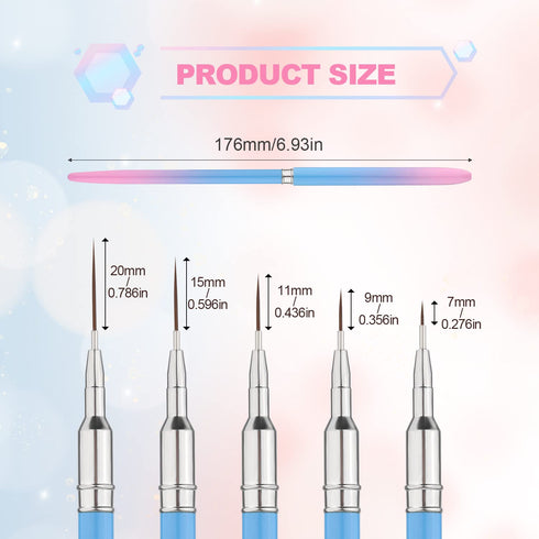 5Pcs Nail Art Liner Brushes, 7/9/11/15/20mm Fine Nail Painting Brushes, Pink to Blue Gradient Nail Art Design Brushes Kit with Metal Handle Nylon ...