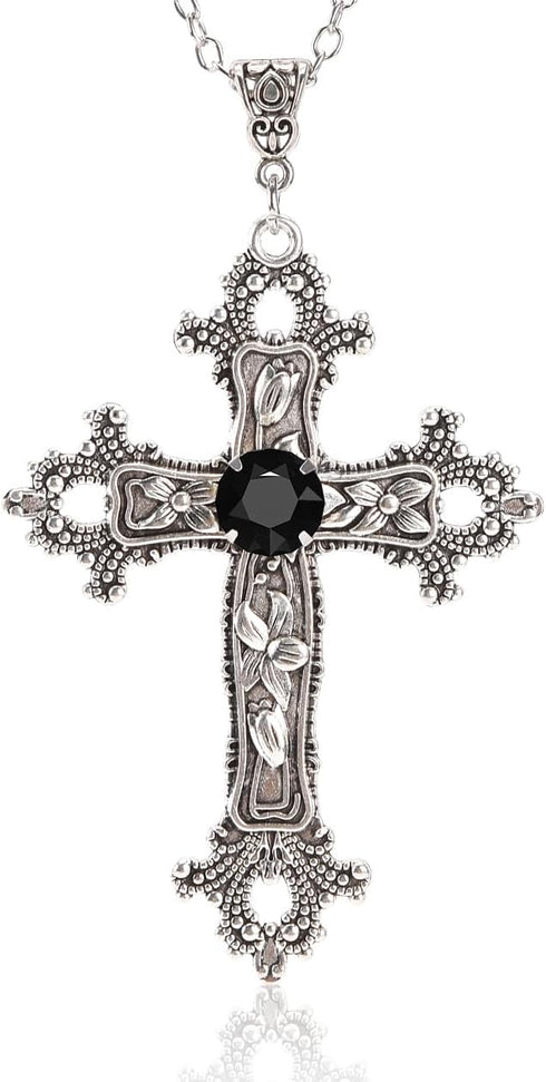 Gothic Cross Necklace Silver-Tone Pendant with Black or Red Glass Stone, on 25” Steel Chain, Cross Necklace for Women, Large Goth Silver Cross Nec...
