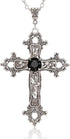 Gothic Cross Necklace Silver-Tone Pendant with Black or Red Glass Stone, on 25” Steel Chain, Cross Necklace for Women, Large Goth Silver Cross Nec...