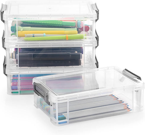 BTSKY 4 Pack Extra Large Capacity Plastic Pencil Box Stackable Translucent Clear Office Supplies Storage Organizer for Gel Pens Erasers Tape Pens ...