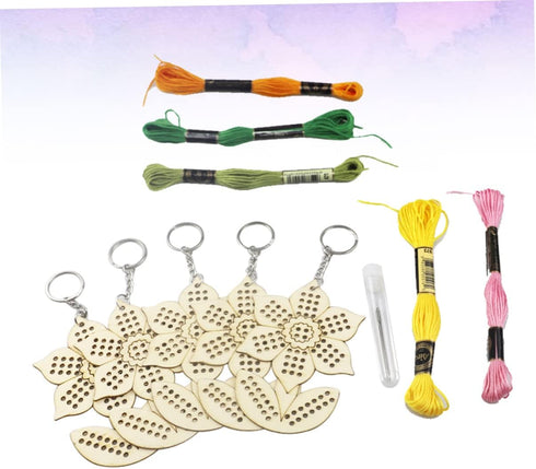 NUOBESTY 5pcs Set Flower Cross Keychain Cross Stitch Keychain Kit Sunflower Keychain Cross Stitch Stamped Kit Embroidery Kits Key Carabiner Craft ...