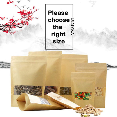 100 Pcs Resealable Stand Up kraft Paper Bags with Window for Packaging Products, Reusable Zip Lock Food Storage Pouch Bags (3.5" x 5.5")...