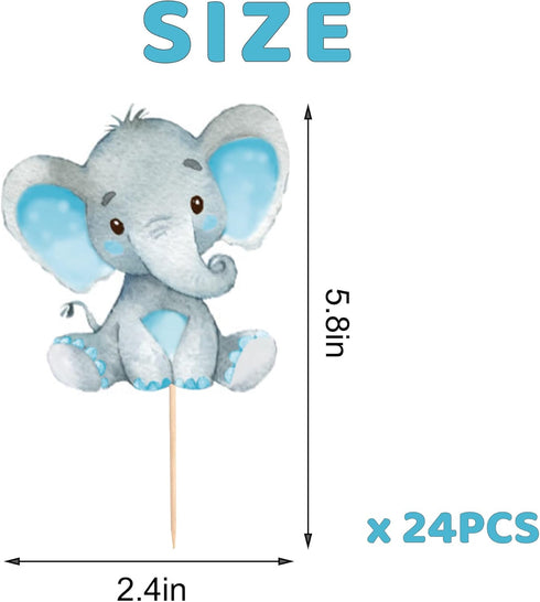 Double Sided Blue Baby Elephant Cupcake Toppers Birthday Party or Baby Shower Food Picks Decor and Party Supplies,Set of 24...