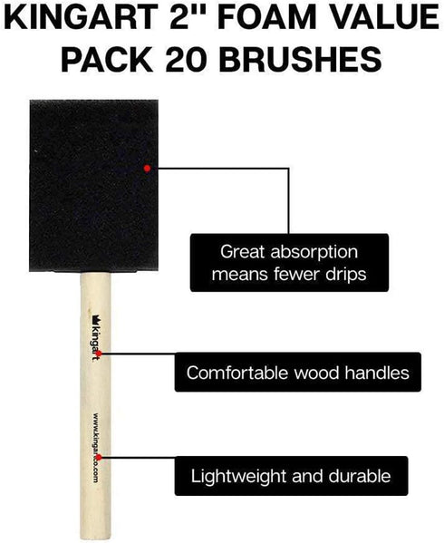 KINGART 242-20 Foam 20 Pc. Value Pack 2" Brush Set, Short Wood Handle, for Oil, Acrylic & Watercolor Paint, Great for Crafts, DIY Home Projects, H...