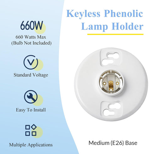4 Pcs 660w 250v Medium Base E26 Lampholder 1-piece Keyless Top Lamp Holder Ceiling Light Sockets White Phenolic Bulb Socket Incandescent Fluoresce...