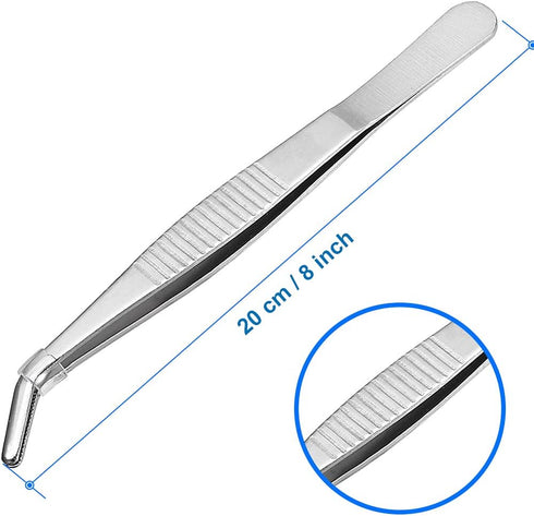 MMOBIEL Stainless Steel Tweezers 20cm / 8inch with curved 60 Degree Serrated Tip Professional Multi Purpose Tongs Tool for Industrial work, Labora...