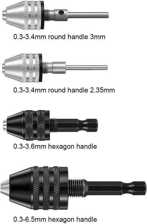 Keyless Drill Chuck Kits, 4pcs Small Drill Chuck Change Adapter W/ 1/4, 1/8, 1/16 Inch Hex and Round Shanks, Electric Drill Conversion Chuck Set P...