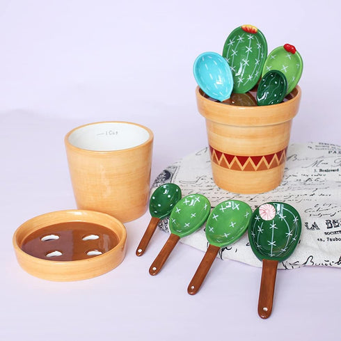 Cactus Measuring Spoons Set in Pot Ceramic Cute Measuring Cups and Spoons Unique Baking Gifts for Dry Wet Ingredients Dishwasher Safe 1 Tbsp 1 TSP...