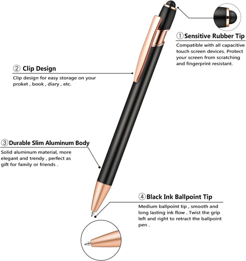 Aozora 15 Pieces Retractable Ballpoint Pens Black Ink 1.0 mm with Stylus Tip, Inspirational Motivational Screen Touch School Office Supplies (Blac...