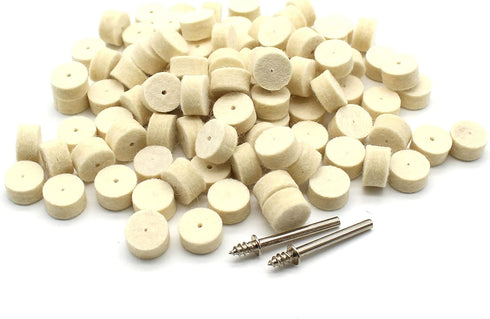 TEMO 100 pc Felt Polishing Wool Bob Burr 1/2 Inch Diameter 1/4 Inch High Wheels #414 with 2 Screw Mandrel 401 1/8 Inch Shank for Dremel Rotary Too...