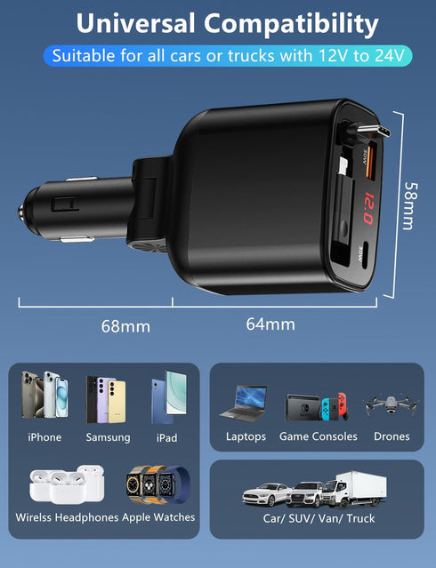 ?Upgraded?Retractable Car Charger 4 in 1, 105W Fast Car Phone Charger with Retractable Cord 2.6ft, USB C and USB Car Charger Adapter, Compatible w...