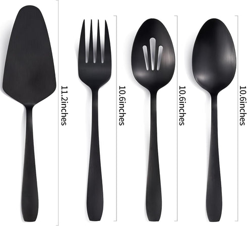 Matte Black Serving Set, 4-Piece Stainless Steel Large Hostess Set Include Slotted Spoon Serving Spoon Serving Fork and Cake Server, Ideal for Buf...
