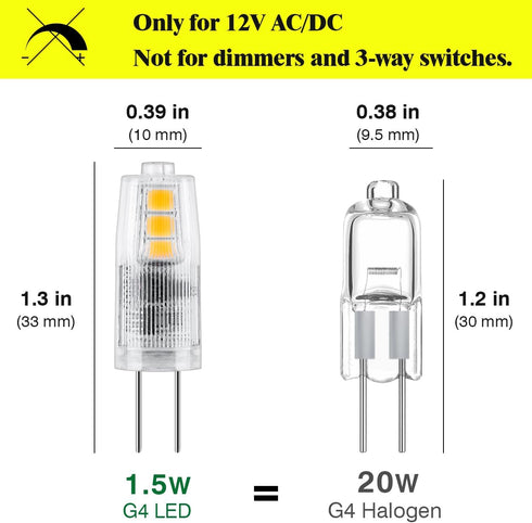 G4 LED Bulb 12V AC/DC, 1.5W(20W Equivalent), JC Bi-Pin Landscape Light Bulbs, Non-Dimmable, Warm White 3000K, 10-Pack...