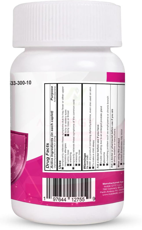 Antihistamine Allergy-Relief Tablets, 25mg Diphenhydramine HCl by Noble Aid- Allergy-Relief Medicine for Kids & Adults-Allergy Nasal Decongestant ...