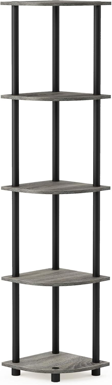Furinno Turn-N-Tube 5 Tier Corner Display Rack Multipurpose Shelving Unit, 1-Pack, French Oak Grey/Black...