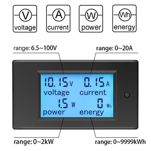 Amp Volt Watt Kwh Meter Tester Panel Digital 4 in 1 Ammeter Voltmeter Multimeter 12V DC 6.5-100V 20A, Voltage Current Power Energy Usage Monitor L...