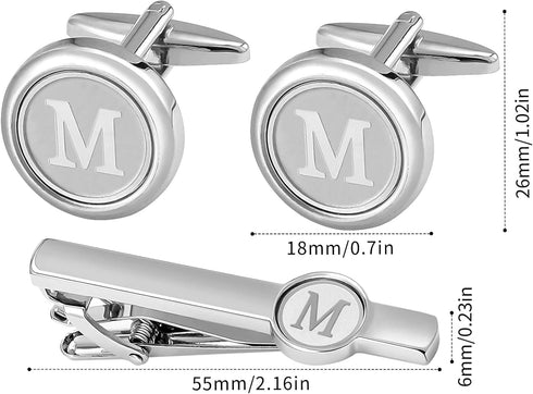 Silver Initial Cufflinks and Tie Clip Set for Men Stainless Steel Personalized Tuxedo Shirt Cuff Links Letter Alphabet A-Z Gift for Father Husband...