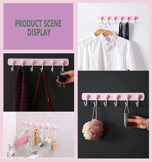 Kids Coat Rack Wall Mount, Adhesive Wall Hooks with 6 Rotating Hooks for Hanging Clothes Cooking Towels, Pink Decorative Hangers for Girls Bedroom...